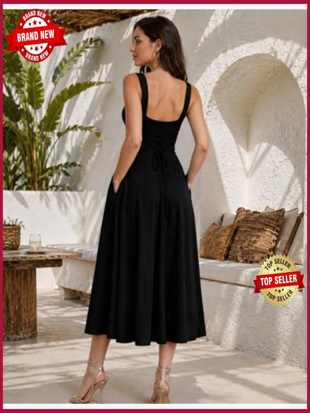 Women's Casual Sleeveless Square Neck A-Line Swing Maxi Dress Pockets - Picture 2 of 7